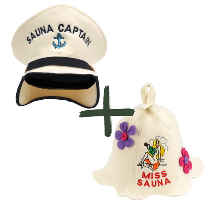 Sauna Hat “Sauna Captain” & Sauna Hat “Miss Sauna”100% Wool, Set of 2