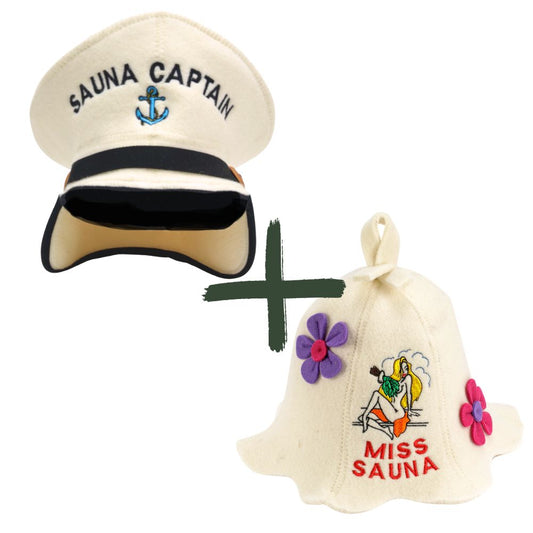 Sauna Hat “Sauna Captain” & Sauna Hat “Miss Sauna”100% Wool, Set of 2