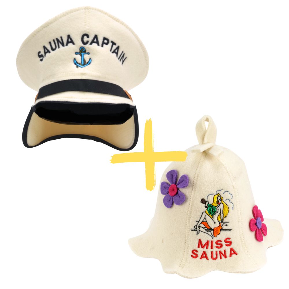 Sauna Hat “Sauna Captain” & Sauna Hat “Miss Sauna”100% Wool, Set of 2