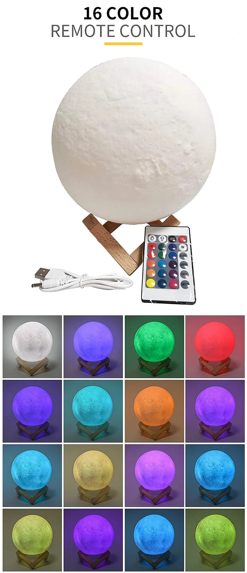 3D Mėnulio Naktinė Lemputė - Realistiškas LED Apšvietimas 8-20cm