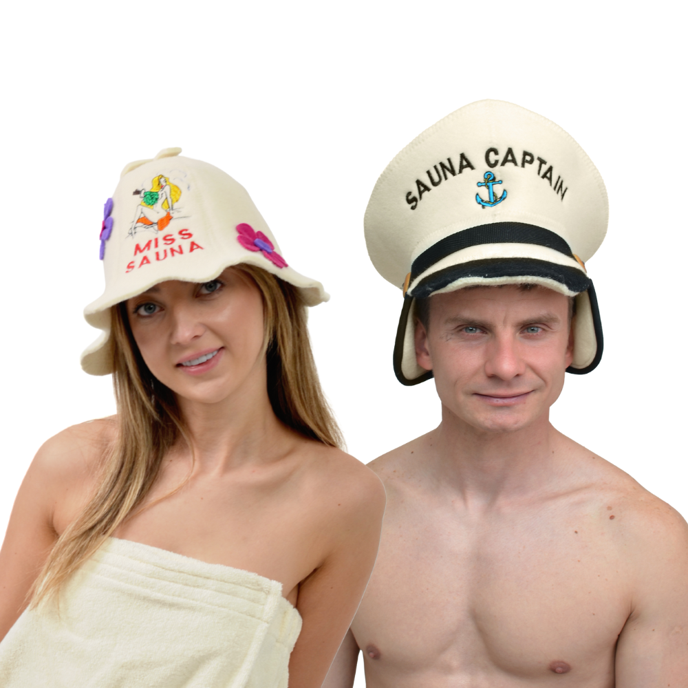Sauna Hat “Sauna Captain” & Sauna Hat “Miss Sauna”100% Wool, Set of 2