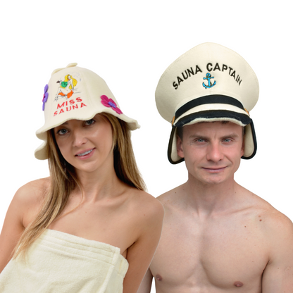 Sauna Hat “Sauna Captain” & Sauna Hat “Miss Sauna”100% Wool, Set of 2